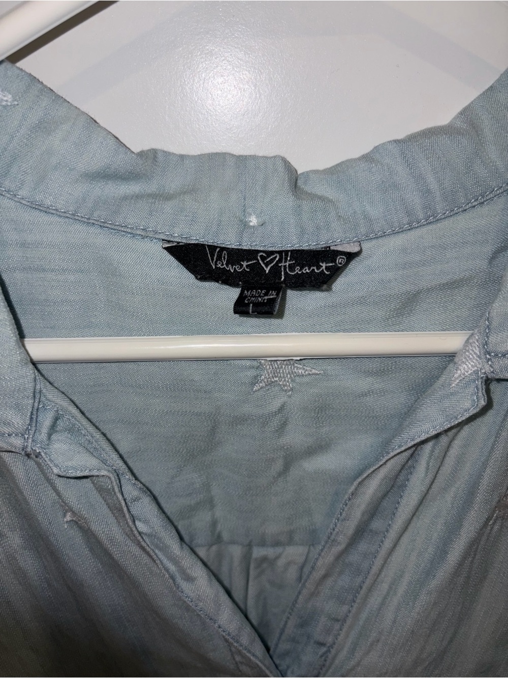 Velvet Heart Light Blue Star-Embroidered Tie-Front Button Down Top - Picture 4 of 5